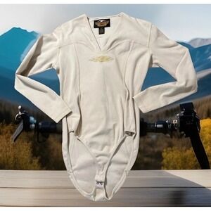 VTG Harley-Davidson Women's Bodysuit L Beige V-Neck L Sleeve‎ Gold Wing Logo